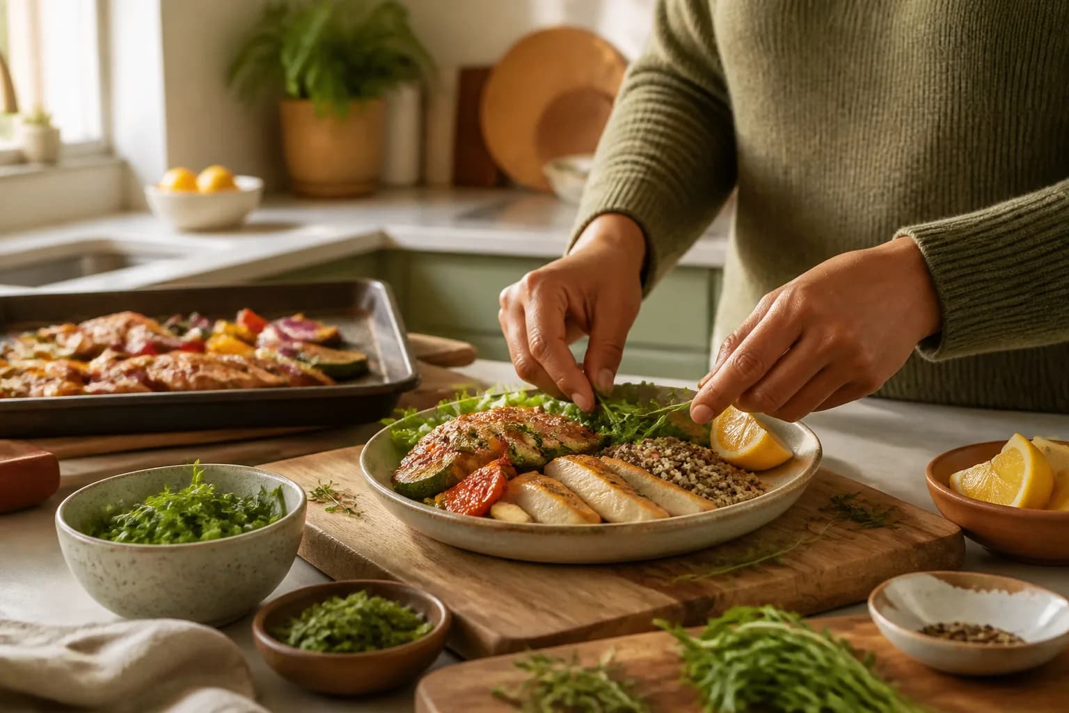 Hands finishing an everyday plate of chicken, grains and vegetables in a warm home kitchen