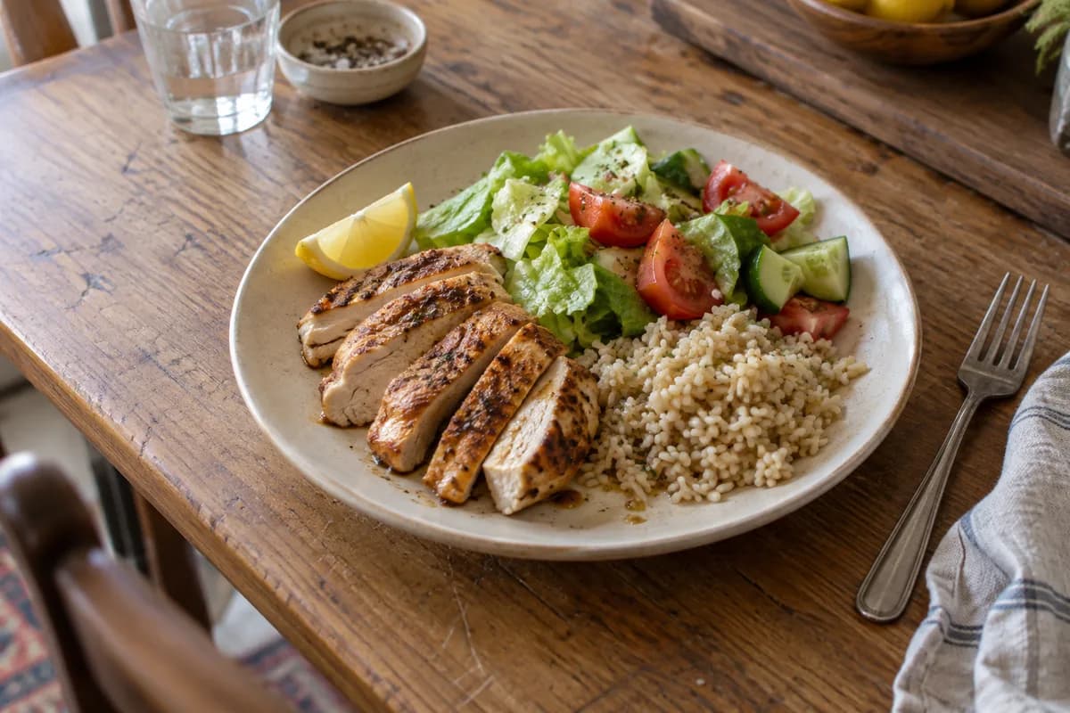 Chicken, brown rice and a fresh cucumber and tomato salad