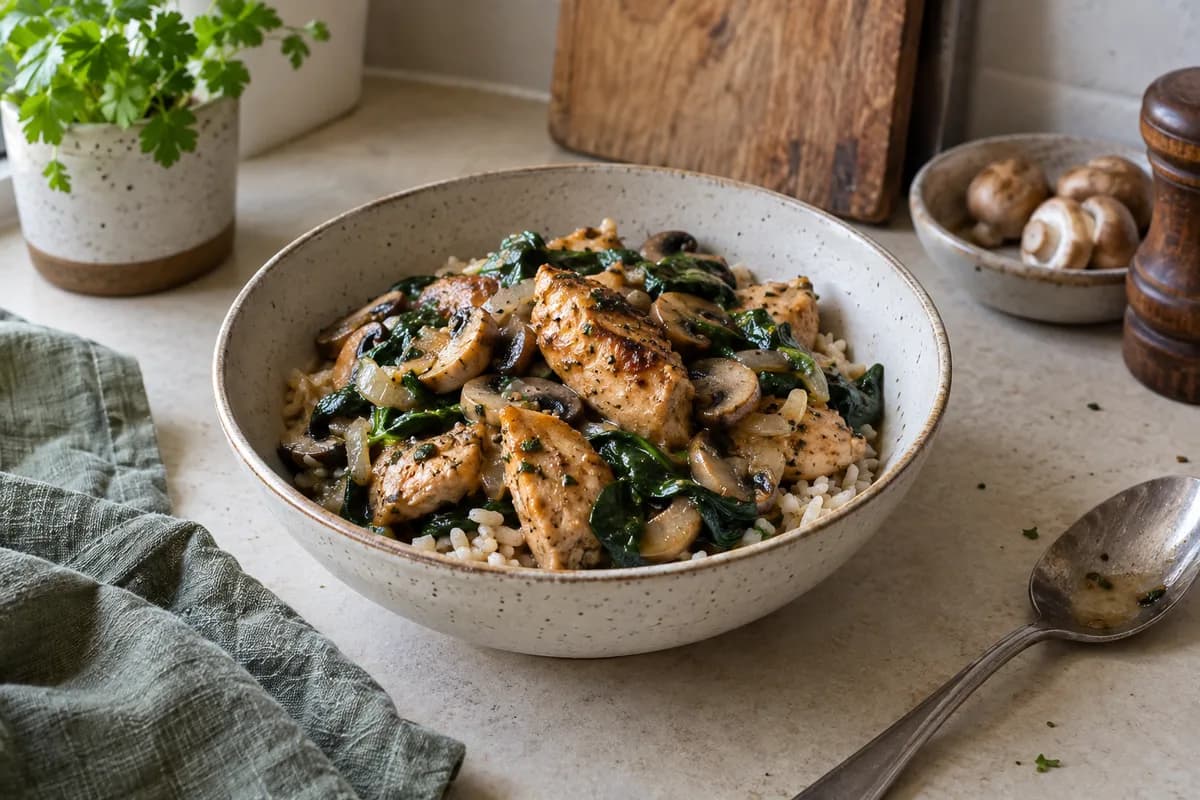 Chicken, spinach and mushrooms served over brown rice