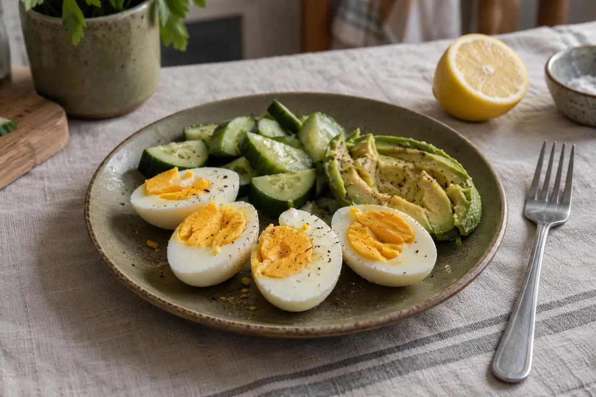 Boiled eggs with avocado and cucumber on a ceramic plate