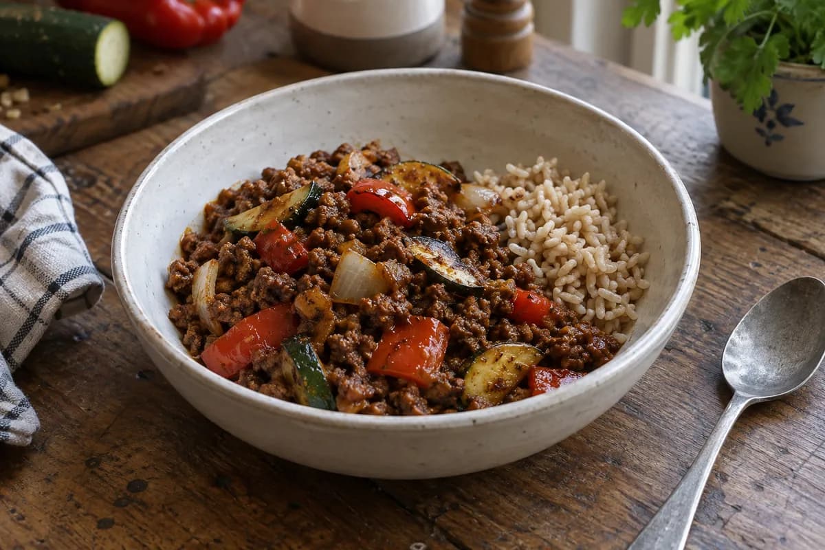 Beef mince with courgettes, peppers and a small side of brown rice