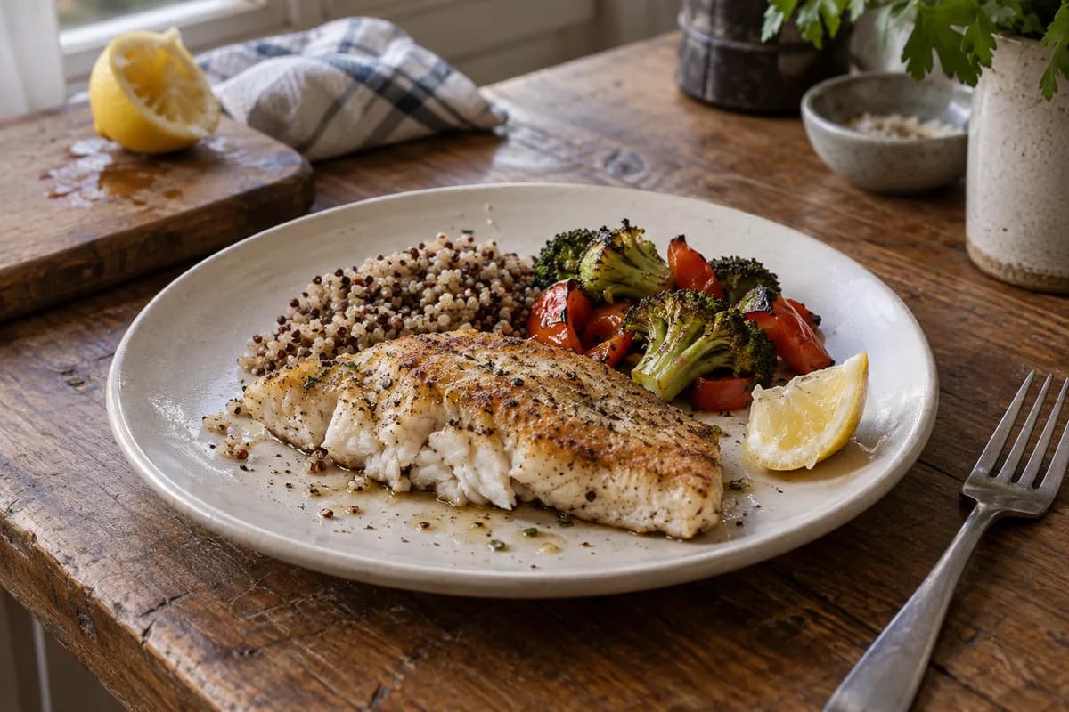Pan-cooked hake with broccoli, red peppers, quinoa and lemon
