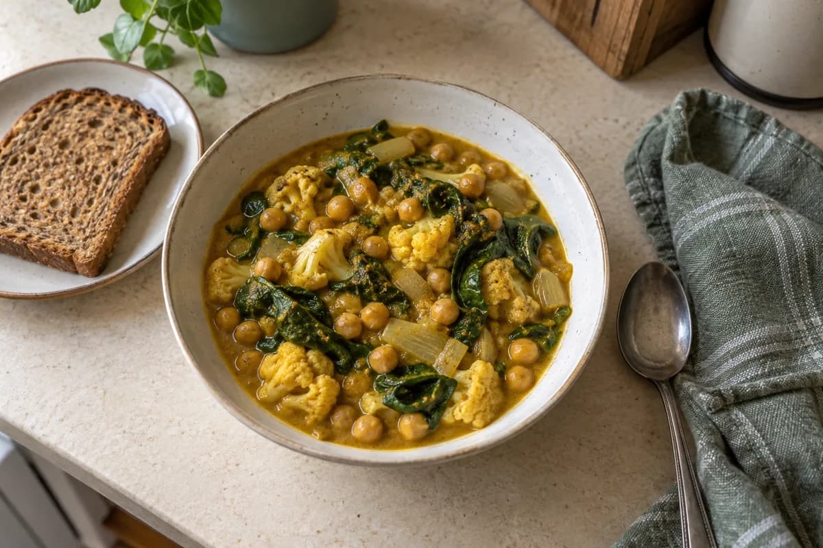 Chickpea, cauliflower and spinach curry with wholegrain toast
