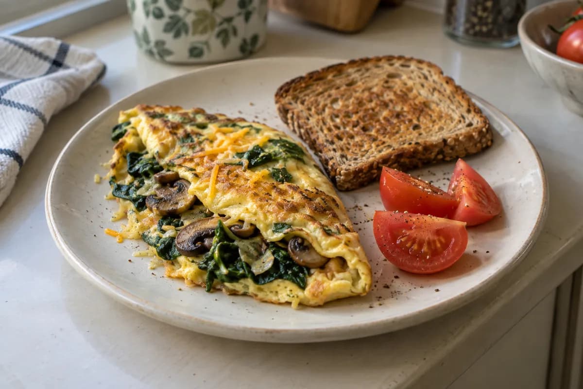 Mushroom and spinach omelette with wholegrain toast and tomatoes