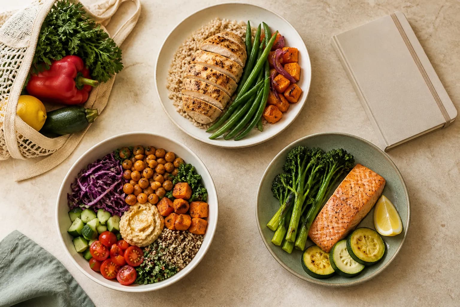 Balanced, plant-based and lower-carb meal ideas arranged on a kitchen table