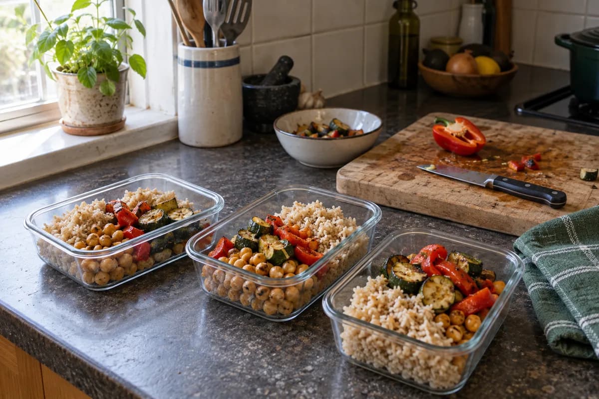 Rice, chickpeas and roasted vegetables portioned into lunch containers in a home kitchen