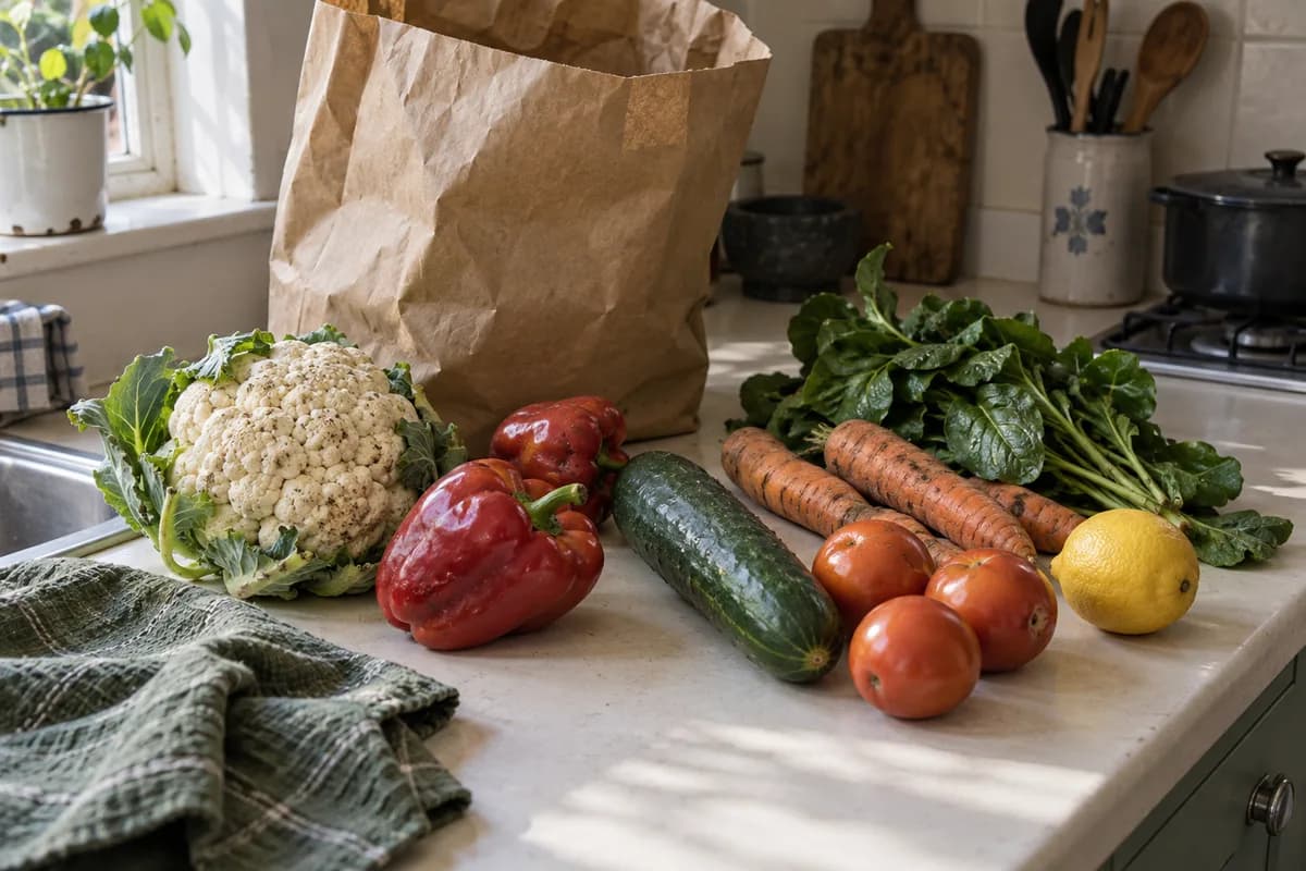 Fresh vegetables unpacked from a paper shopping bag on a kitchen counter